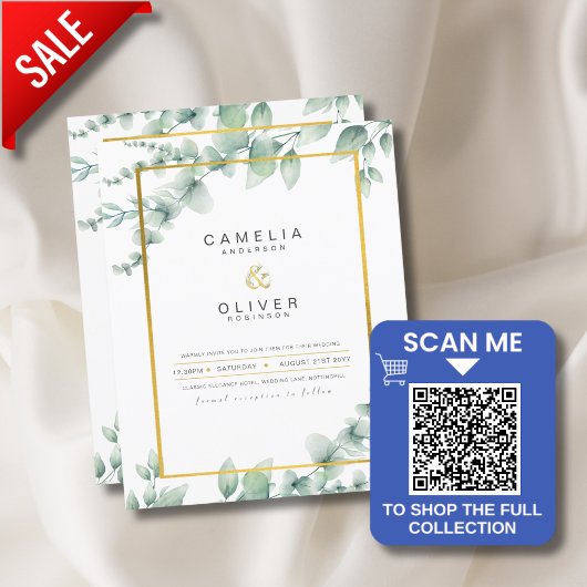 LeahG Eucalyptus Greenery金ゴールド結婚のQRコードInv