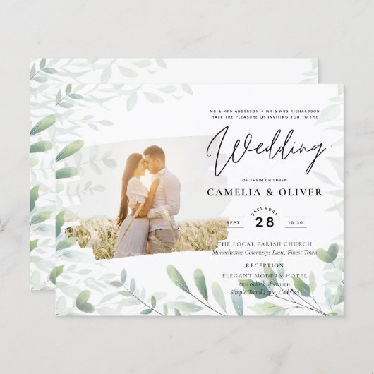 LeahG Greeneryの葉PHOTO OVERLAY Wedding Invite (正面/裏面)