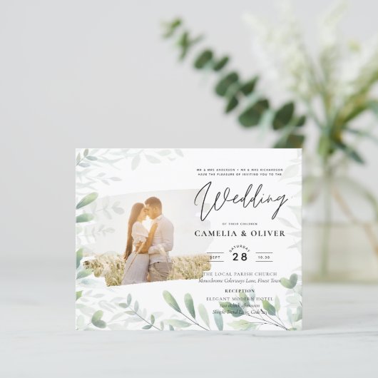 LeahG Greeneryの葉PHOTO OVERLAY Wedding Invite (スタンド正面)
