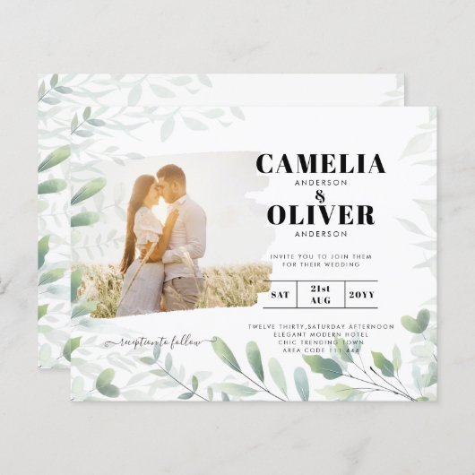 LeahG Greeneryの葉PHOTO OVERLAY Wedding Invite (正面/裏面)