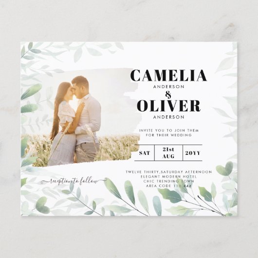 LeahG Greeneryの葉PHOTO OVERLAY Wedding Invite (正面)