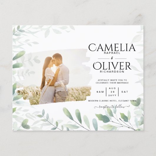 LeahG Greeneryの葉PHOTO OVERLAY Wedding Invite チラシ (正面)
