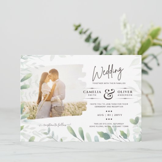 LeahG Greeneryの葉PHOTO OVERLAY Wedding Invite 招待状 (スタンド正面)