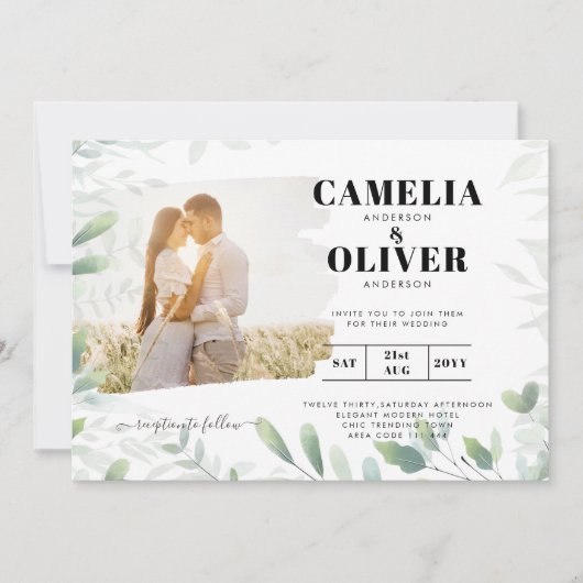 LeahG Greeneryの葉PHOTO OVERLAY Wedding Invite 招待状 (正面)