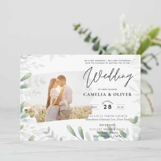 LeahG Greeneryの葉PHOTO OVERLAY Wedding Invite 招待状 (スタンド正面)