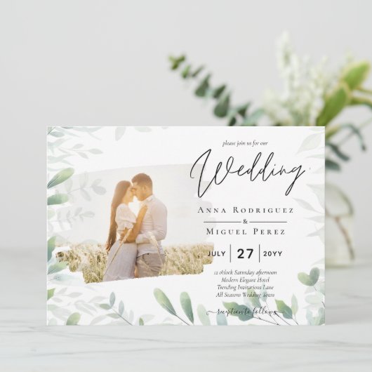 LeahG Greeneryの葉PHOTO OVERLAY Wedding Invite 招待状 (スタンド正面)