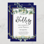 LeahG NAVY BLUE金ゴールドグリーナリーユーカリ結婚ス 招待状 (正面/裏面)