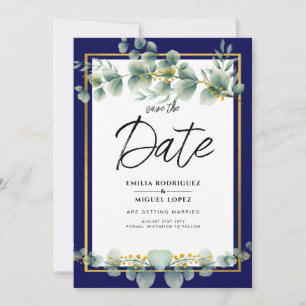 LeahG NAVY BLUE金ゴールドグリーナリーユーカリ結婚ス 招待状