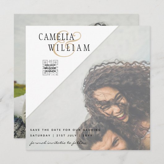 LeahG PHOTOの結婚QRコードRSVP日付救招待状 (正面/裏面)