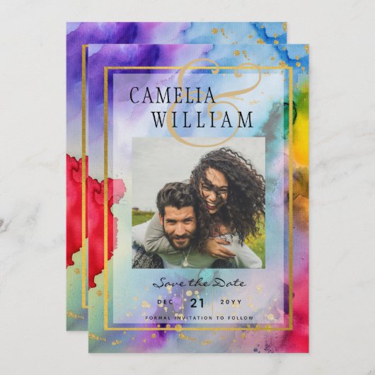 LeahG Rainbowプライドインクフォト結婚ズの日救付き 招待状 (正面/裏面)