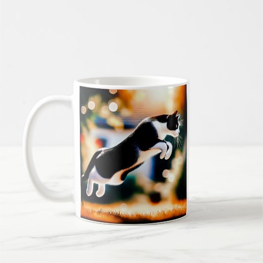 Leaping Black and White Cat コーヒーマグカップ (左)