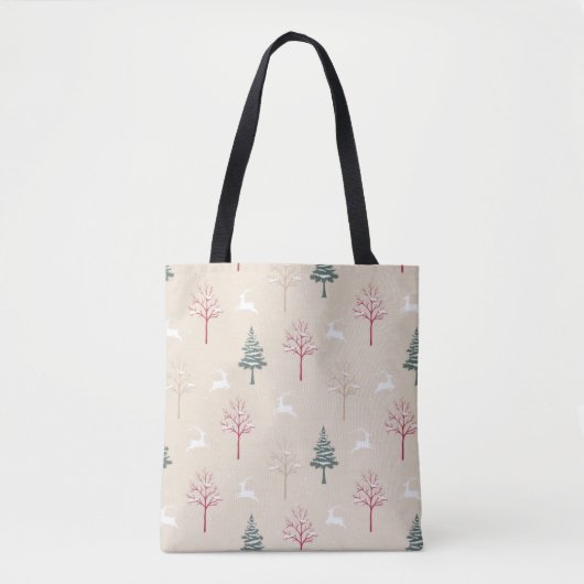 Leaping Deer & Snowy Trees Christmas Tote Bag トートバッグ (正面)