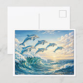 Leaping Dolphins at Sunset Ocean Wave シーズンポストカード (正面/裏面)