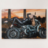 Leather Clad Biker Chick on Motorcycle ジグソーパズル (横)