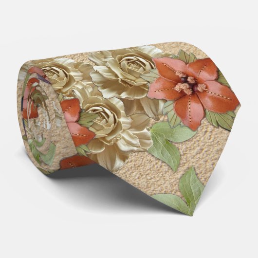 Leather Flowers on Cream Suede ネクタイ (ロール)