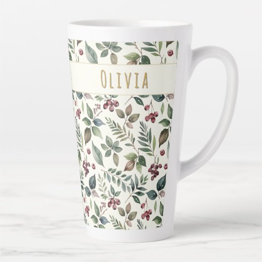 Leaves and Berries Rustic Winter Personalized カフェラテマグ (右)