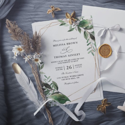 Leaves Eucalyptus Gold Budget QR Code Wedding 招待状