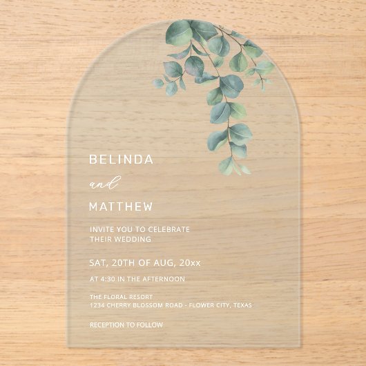 Leaves Watercolor Flowers Clear Arch アクリル招待状 (正面)