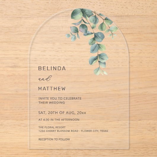 Leaves Watercolor Flowers Clear Arch アクリル招待状 (正面)