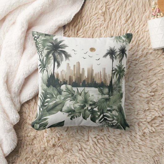 Lebendige Skyline umrandet von grünen Pflanzen クッション (ブランケット)
