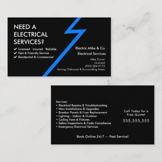lectrician Business Card Template | Electrical Ser 名刺 (正面/裏面)