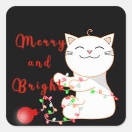 LEDライトで遊ぶハッピー猫 | かわいいクリスマス スクエアシール