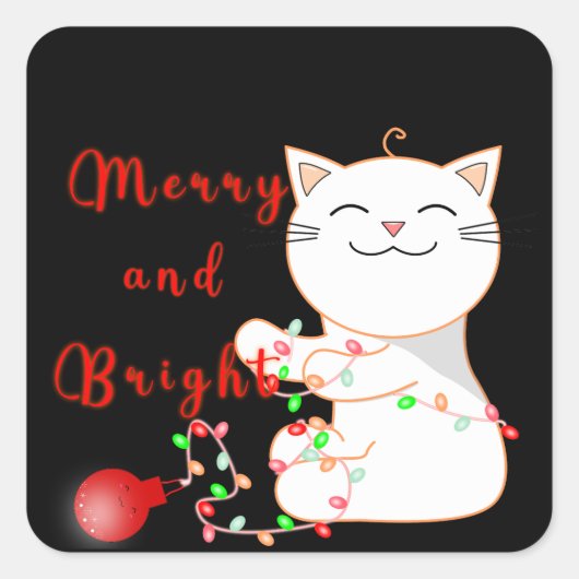 LEDライトで遊ぶハッピー猫 | かわいいクリスマス スクエアシール (正面)