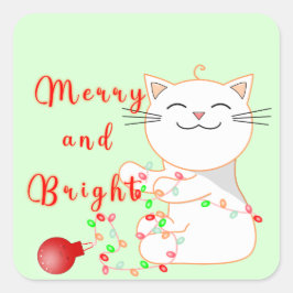 LEDライトで遊ぶハッピー猫 | かわいいクリスマス スクエアシール
