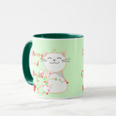 LEDライトで遊ぶハッピー猫 | かわいいクリスマス マグカップ (正面左)