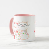 LEDライトで遊ぶハッピー猫 | かわいいクリスマス マグカップ (正面左)