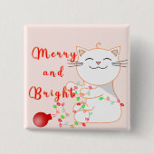 LEDライトで遊ぶハッピー猫 | かわいいクリスマス 缶バッジ (正面)