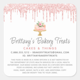 Legal Blush Pink Bakery Cake Glitter Drips Dessert スクエアシール