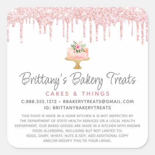 Legal Blush Pink Bakery Cake Glitter Drips Dessert スクエアシール (正面)