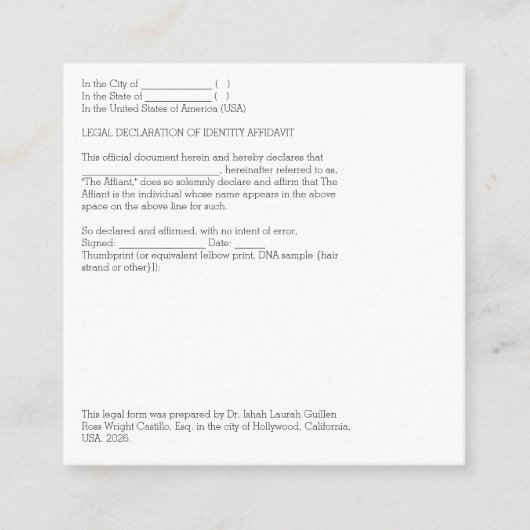 Legal Declaration of Identification Affidavit エンクロージャーカード (正面)