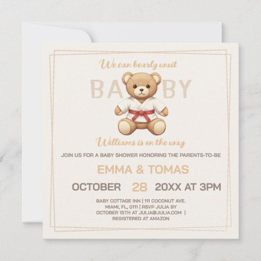 Legendary Red Belt Judo Bear – Baby Shower 招待状 (正面)