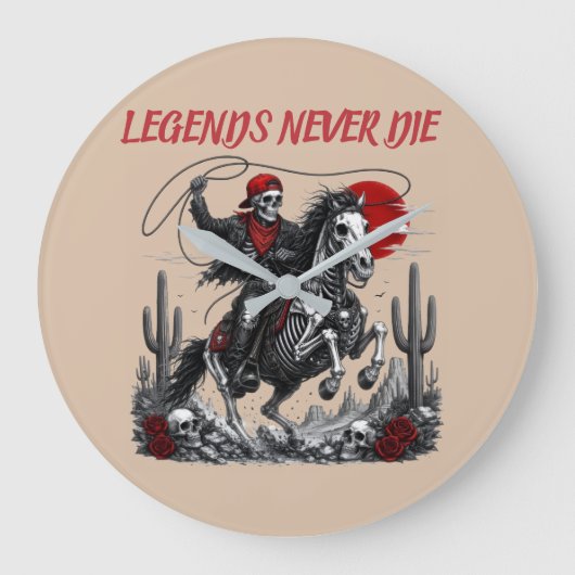 LEGENDS NEVER DIE - スケルトンカウボーイの馬乗りデザイン ラージ壁時計 (正面)