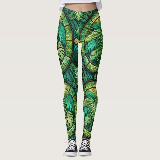 Leggings featuring a vibrant green tropical leaf  レギンス (正面)