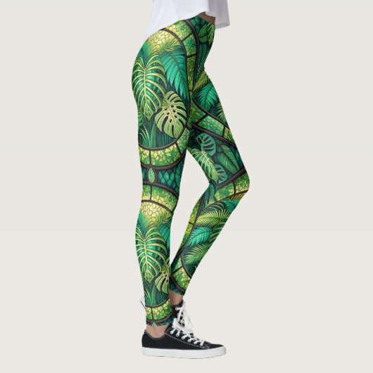 Leggings featuring a vibrant green tropical leaf  レギンス (右)