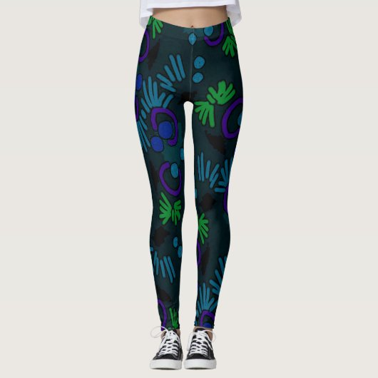 Leggings Jimette Design vert bleu mauve sur noir レギンス (正面)