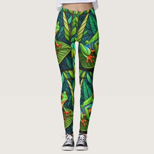 Leggings with vibrant green leaves and colorful  レギンス (正面)