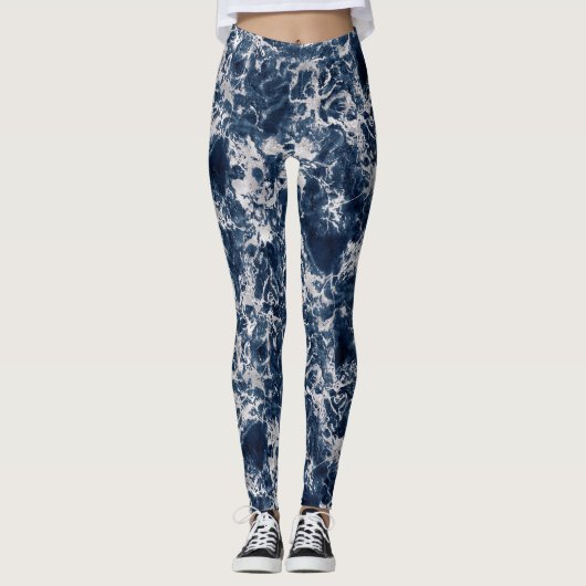 Leggings Women - Blue and Silver Marble Pattern レギンス (正面)