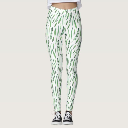 Leggings Women - Green Leaves Pattern レギンス (正面)
