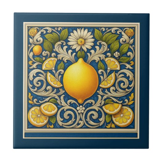Lemon Almafi Blue Mediterranean Art Nouveau タイル (正面)