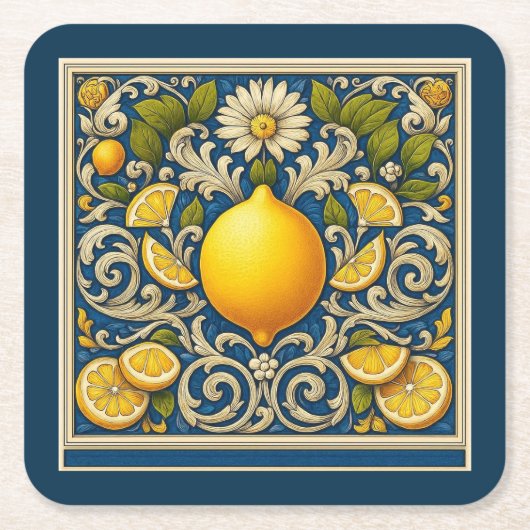 Lemon Amalfi Blue Mediterranean Art Nouveau スクエアペーパーコースター (正面)