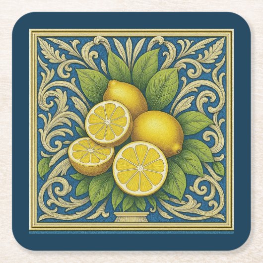 Lemon Amalfi Blue Mediterranean Art Nouveau スクエアペーパーコースター (正面)