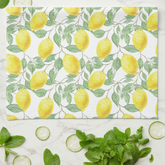 Lemon and Leaves Pattern キッチンタオル (折り畳み)