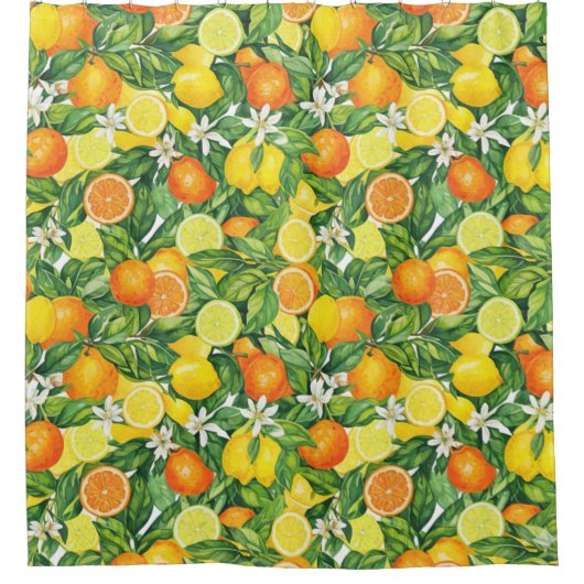 Lemon and Orange Botanical Pattern シャワーカーテン (正面)