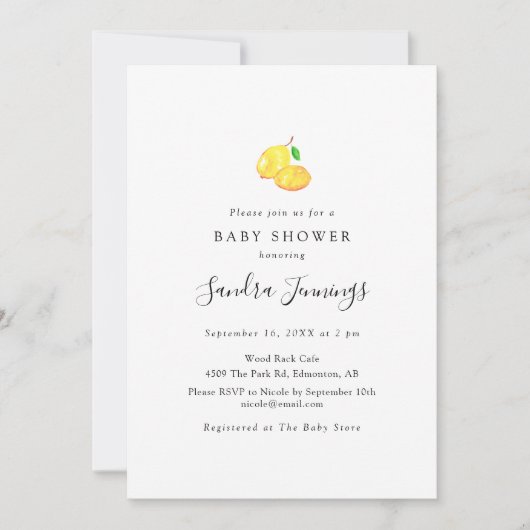 Lemon Baby Shower Elegant Minimalist Simple Chic 招待状 (正面)
