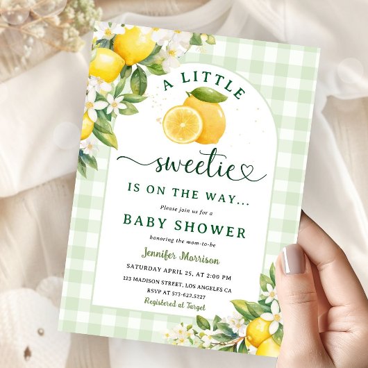 Lemon Baby Shower Green Gingham Gender Neutral 招待状