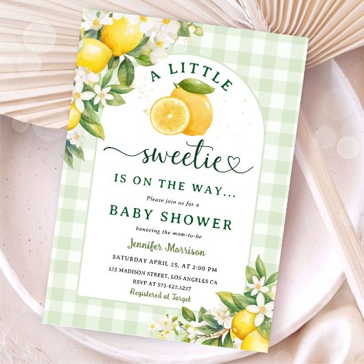 Lemon Baby Shower Green Gingham Gender Neutral 招待状